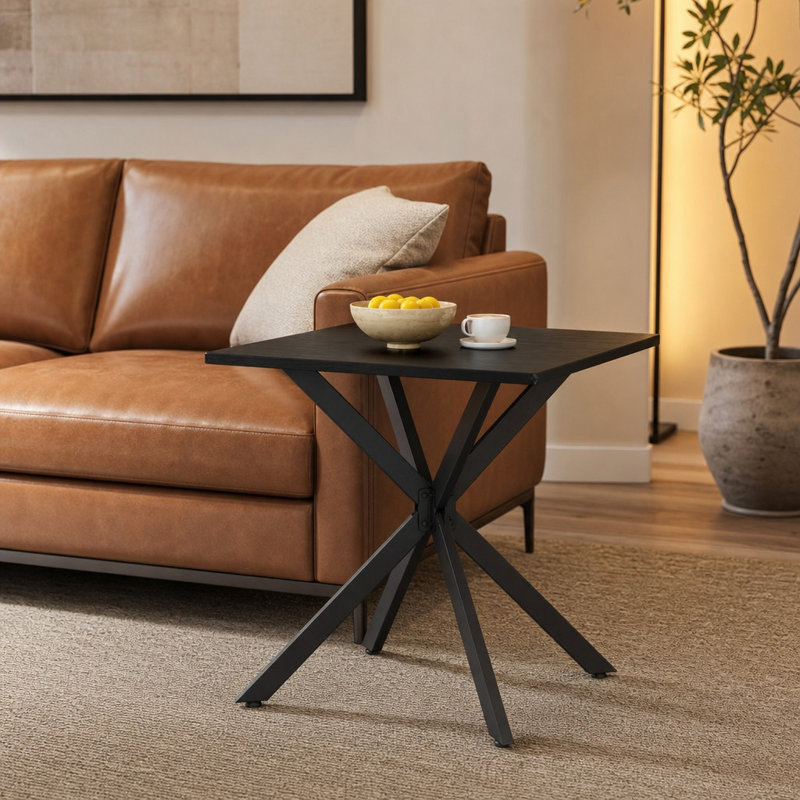 Rustic Square Side Table with Sturdy X-Frame Support and Scratch-Resistant Textured Tabletop, Industrial Accent End Table