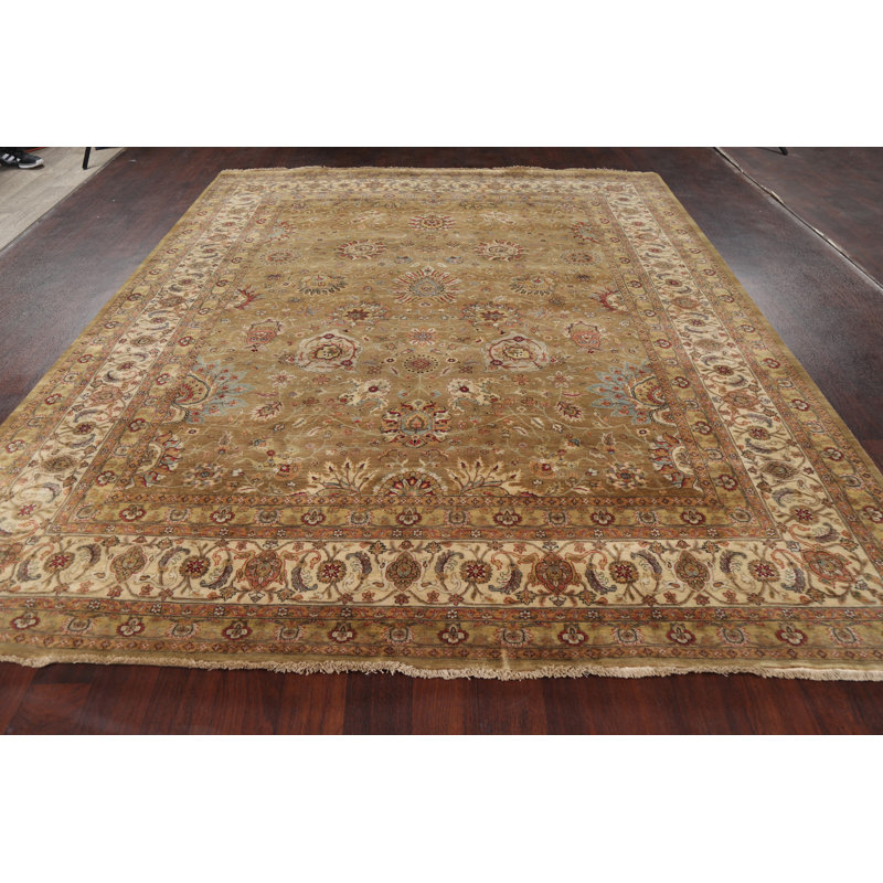 Tapis brun en laine noué à la main de conception unique 8 pi 1 po x 9 pi 10 po New Age