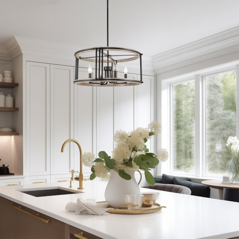 23" 4-Light Modern Farmhouse Drum Pendant Light, Adjustable Hanging Height, Light Cedar Wood Finish + Black Finish