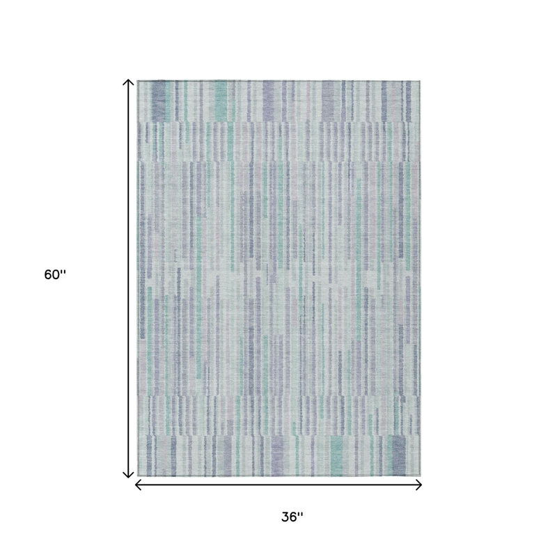 3' X 5' Mint Green And Ivory Striped Washable Indoor Outdoor Area Rug