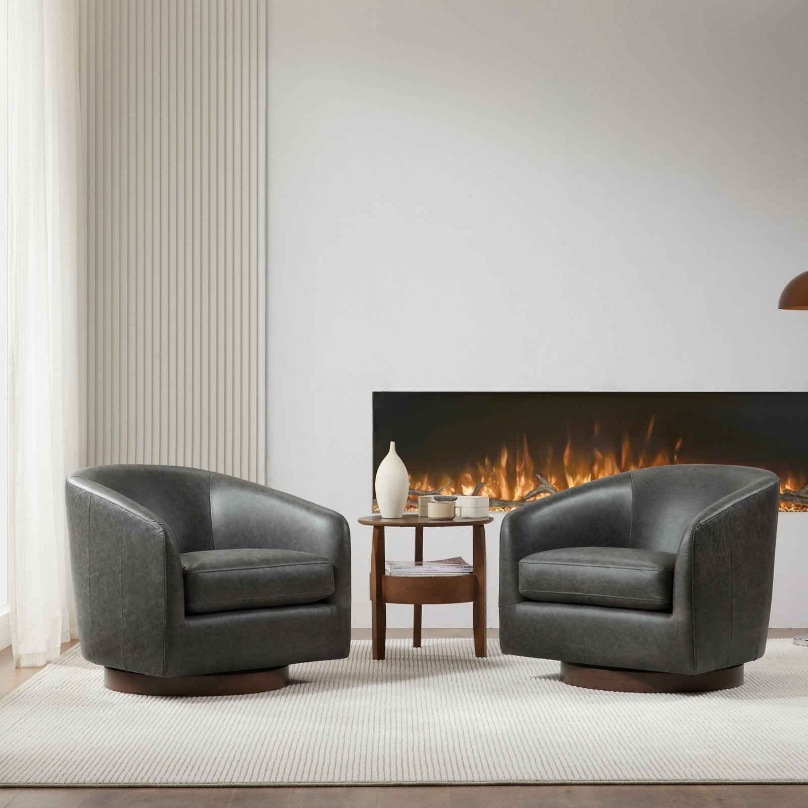 Bennett Genuine Leather Swivel Barrel Chair, Marseille Black Top Grain Leather