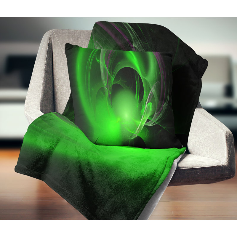 Nébuleuse fractale galactique - coussin abstrait imprimé, 18 po x 18 po, Vert, Coussin décoratif