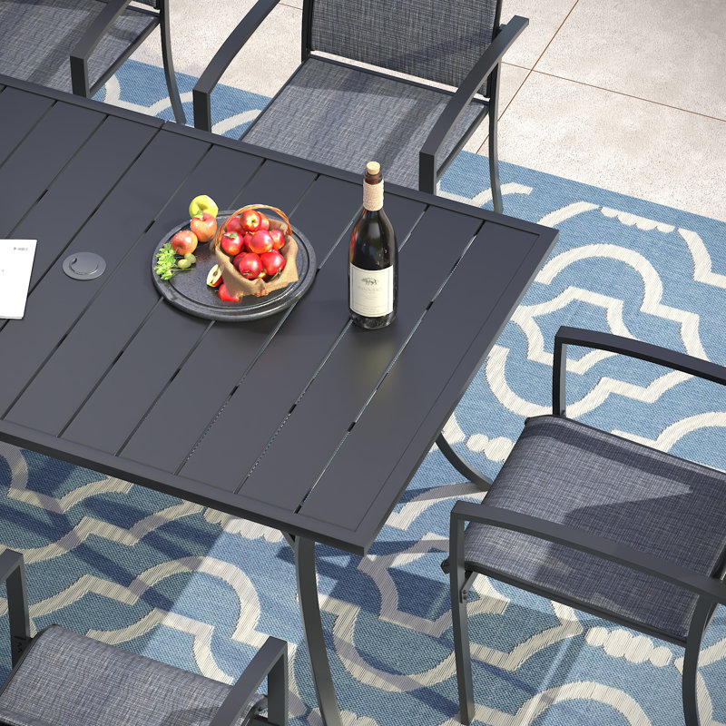 Outdoor Rectangular 6-Person Dining Set With Stackable Textilene Chairs, Black
