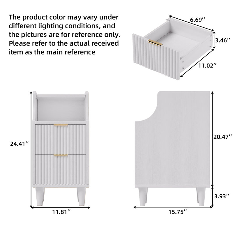 Table de chevet cannelée 11,8 "et table de chevet étroite avec 2 tiroirs, Blanc