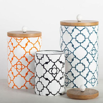 Metal Containers With Wooden Lids, Set Of 3