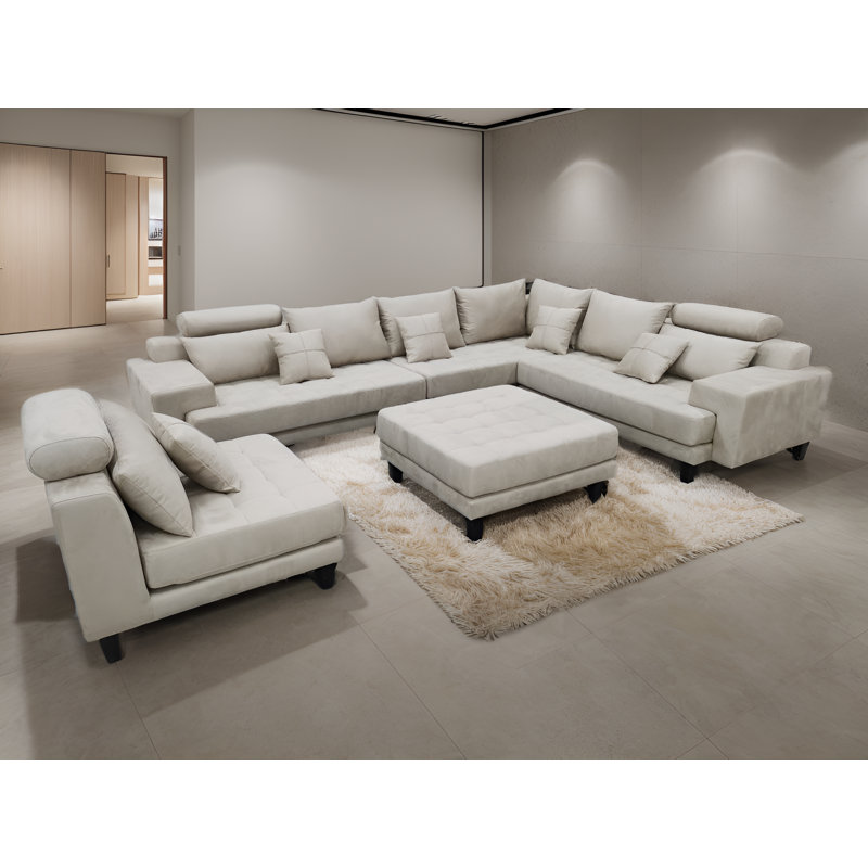 Mandey Upholstered Sectional Reversible, Beige Microfiber/Microsuede