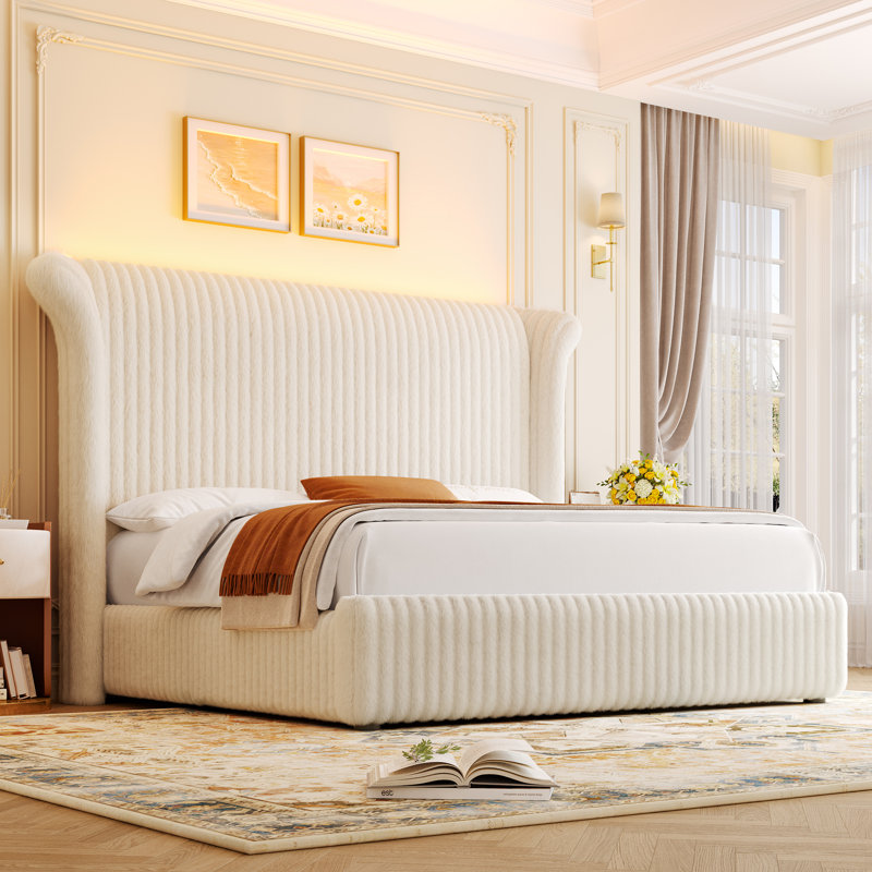 Upholstered Bed Frame With 55" Tall Headboard, Soft Corduroy Fabric Platform Bed, Noise-free, No Box Spring Needed, White