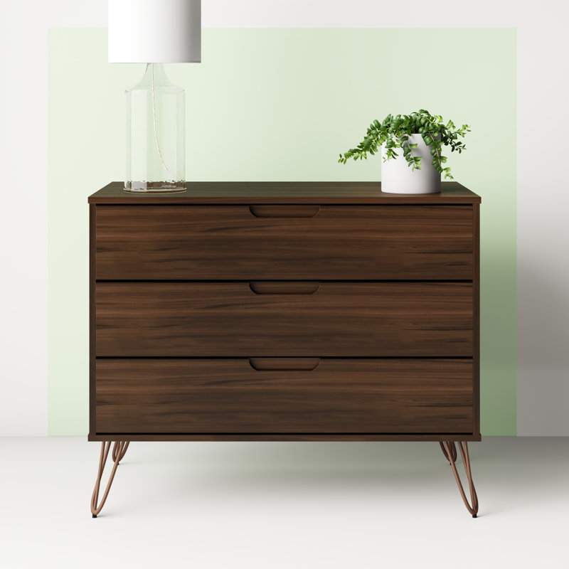 Commode anglaise 3 tiroirs Mid-Century Rockefeller, Naturel / gris texturé