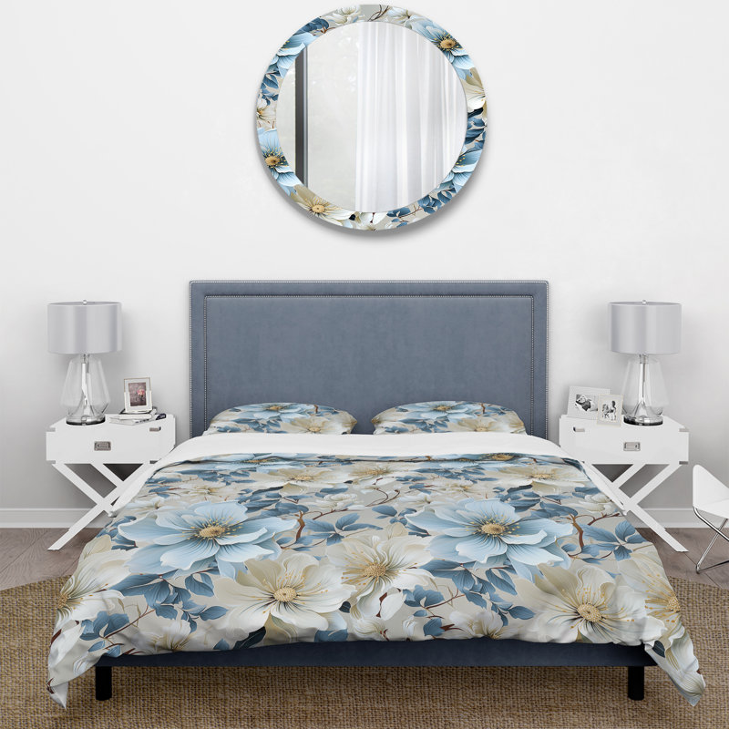 Ensemble de housse de couette à motif floral blanc et bleu I, Housse de couette pour très grand lit et 2 très