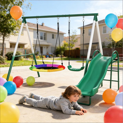 Balançoire en métal avec balançoire à soucoupe, glissade et siège, assemblage facile en une heure, hauteur réglable, piquets de sol pour une utilisation durable, couleur foncée de 35,4 po à 63 po, structure en A, imperméable