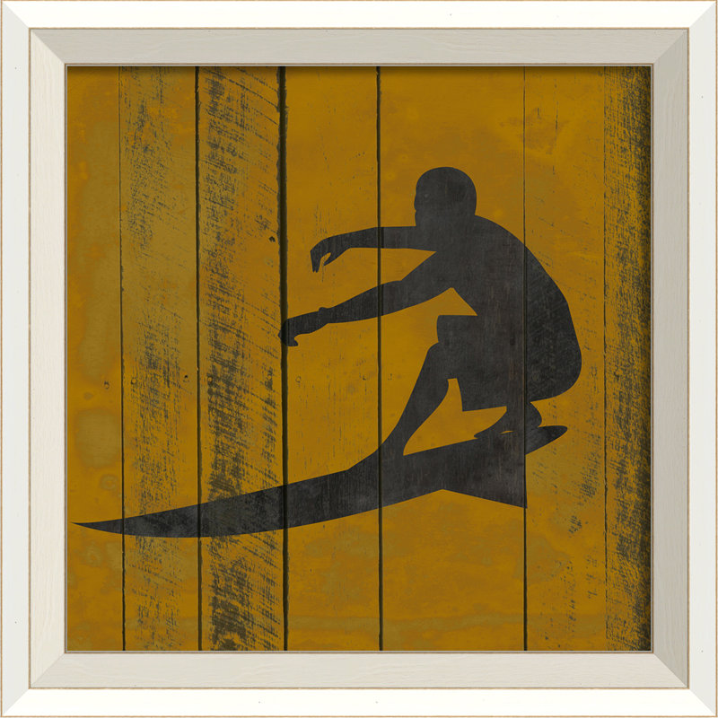 Surfer on Yellow II Framed Coastal Print with Black Frame