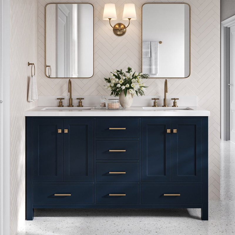  Ensemble de meuble-lavabo double 61 ", Bleu minuit / laiton satiné, Rectangular