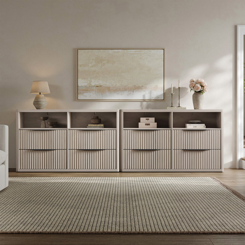  Commode cannelée moderne 56,5 "à 4 tiroirs avec 2 grands rangements ouverts, Aulne blanc
