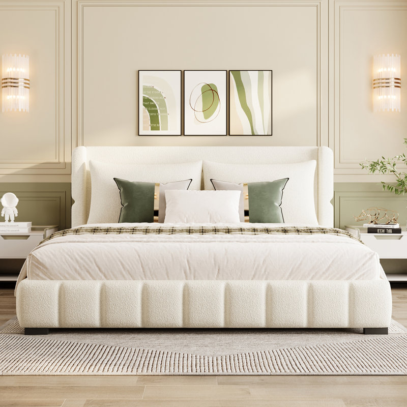 Lit plateforme tapissier avec 2 coussins, Blanc, Très grand lit