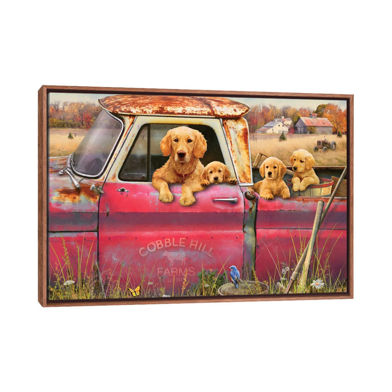 «Goldens And Truck» - Imprimé, H 26 po x l 40 po x 1,5 po, Cadre bois classique