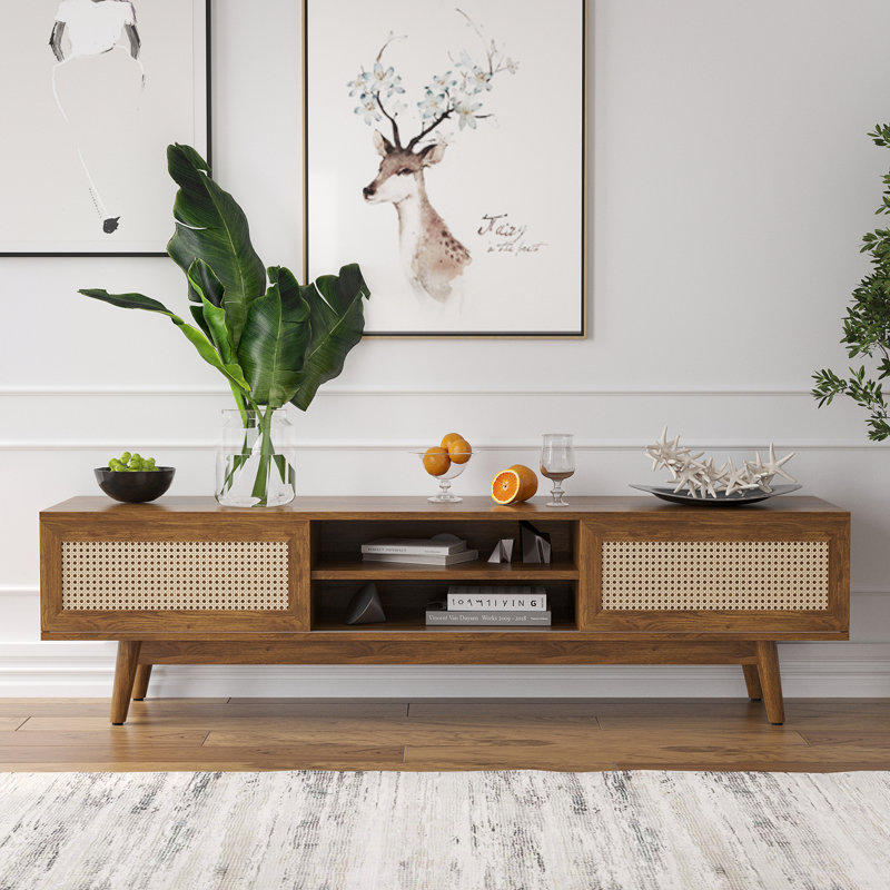 Mid Century Modern Tv Stand With Sliding Doors, Gray, 65"