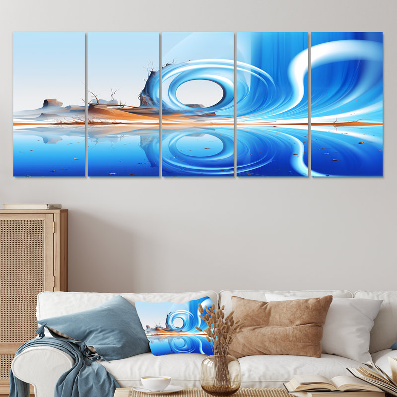 «Fractal Blue and White Fusion II», ensemble d'art mural abstrait 5 pièces, H 28 po x l 60 po