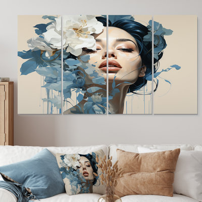 «Blue and Beige Woman Chic In Floral Portrait II - Fashion», art mural 4 pièces