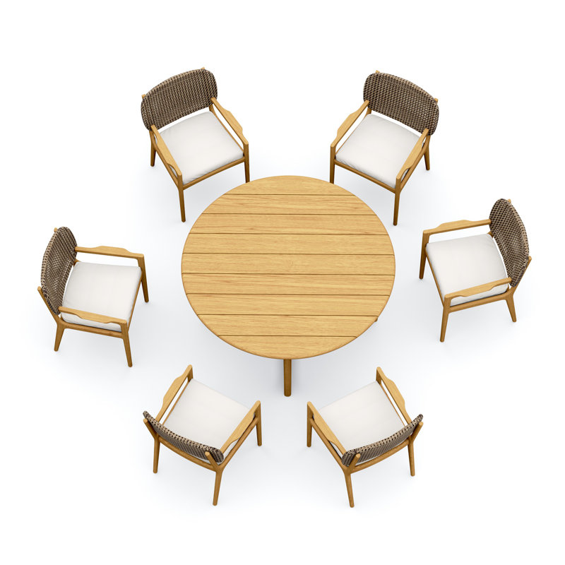 6 Seats 7 Pcs Grade-A Teak Wood Dining Set: 60" Sema Round Table And 6 Akyee Arm Chairs #11AK3406, 6