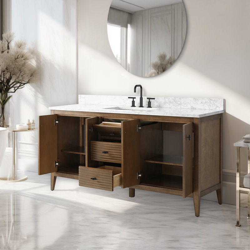 Ensemble de meuble-lavabo autoportant avec lavabo en marbre 60 po Lavallon, Noyer linéaire, Noir mat