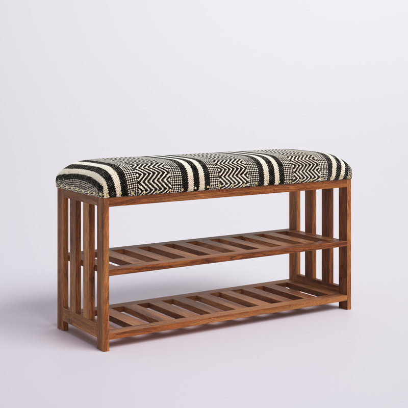 Eaker Cotton Upholstered Storage Bench, Light Brown/Patchwork