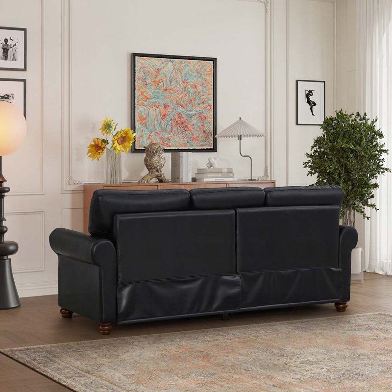 Classic Living Room Nails Sofa Faux Leather, Black, 34.5" H x 82.68" W x 31.89" D