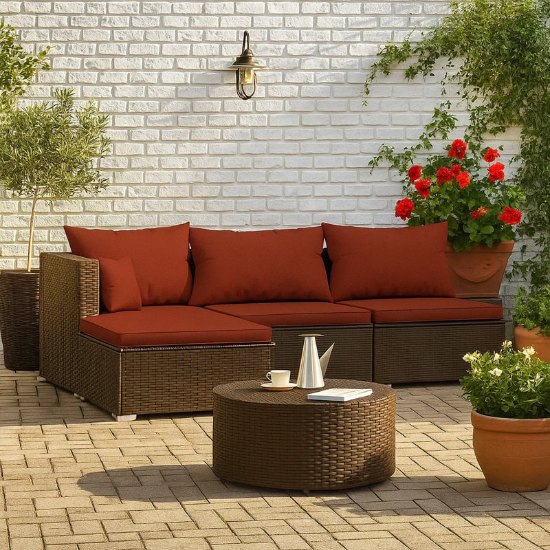 Ensemble modulaire de patio rectangulaire avec coussins de 27,6 po Wolther, Vert, Brun