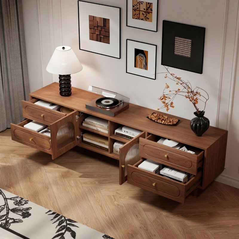 78"W Mid-Century Modern TV Stand with Drawers and  Cabinets, Walnut
