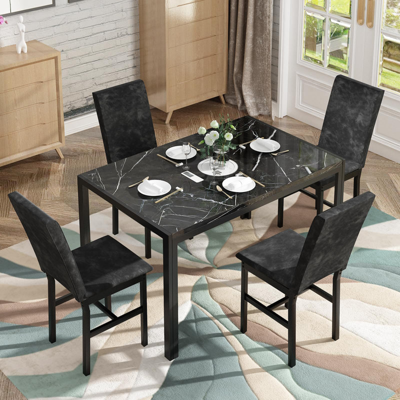 5-Piece Faux Marble Dining Table Set with Velvet Chairs, Black