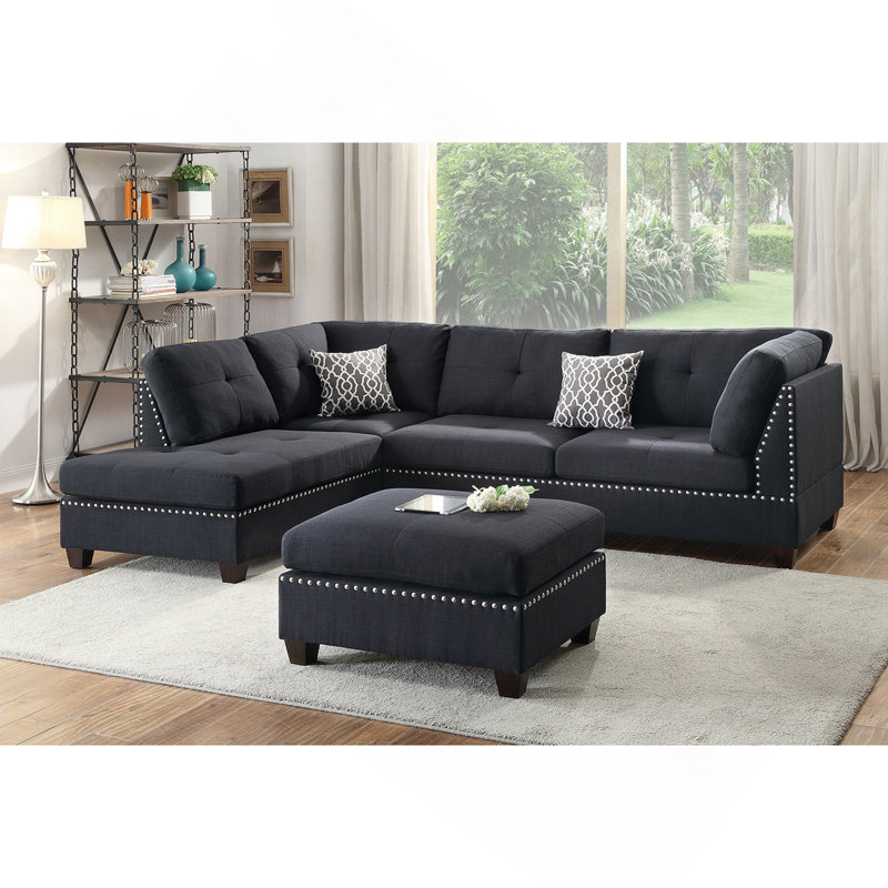 Reversible Polyfiber Sectional Sofa With Ottoman, Black, Black Fabric