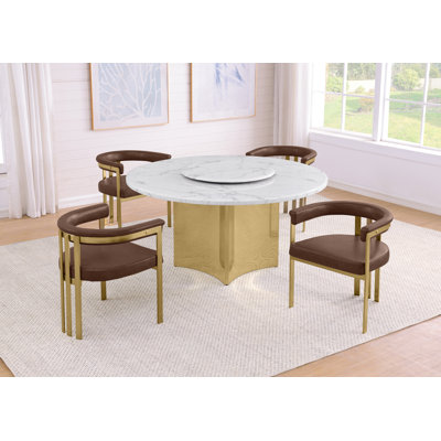 White Marble Dining Set With Lazy Susan And Leathaire Chairs