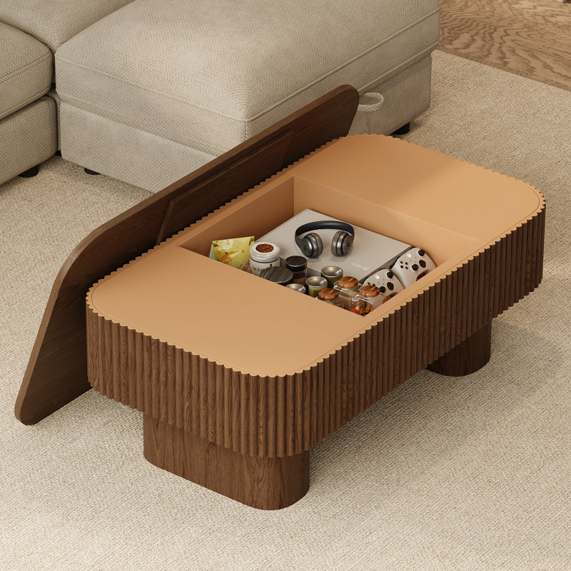 44'' Solid Wood Coffee Table With Storage Fluted Rectangle Coffee Table, Brown