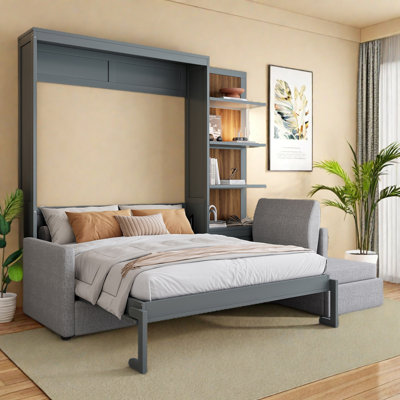 Lit escamotable avec canapé modulaire et tablettes de rangement réversibles, grand