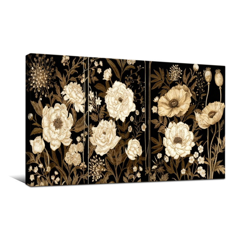 Plantes et fleurs à motif floral sur fond noir avec des fleurs crème et dorées, H 24 po x l 48 po