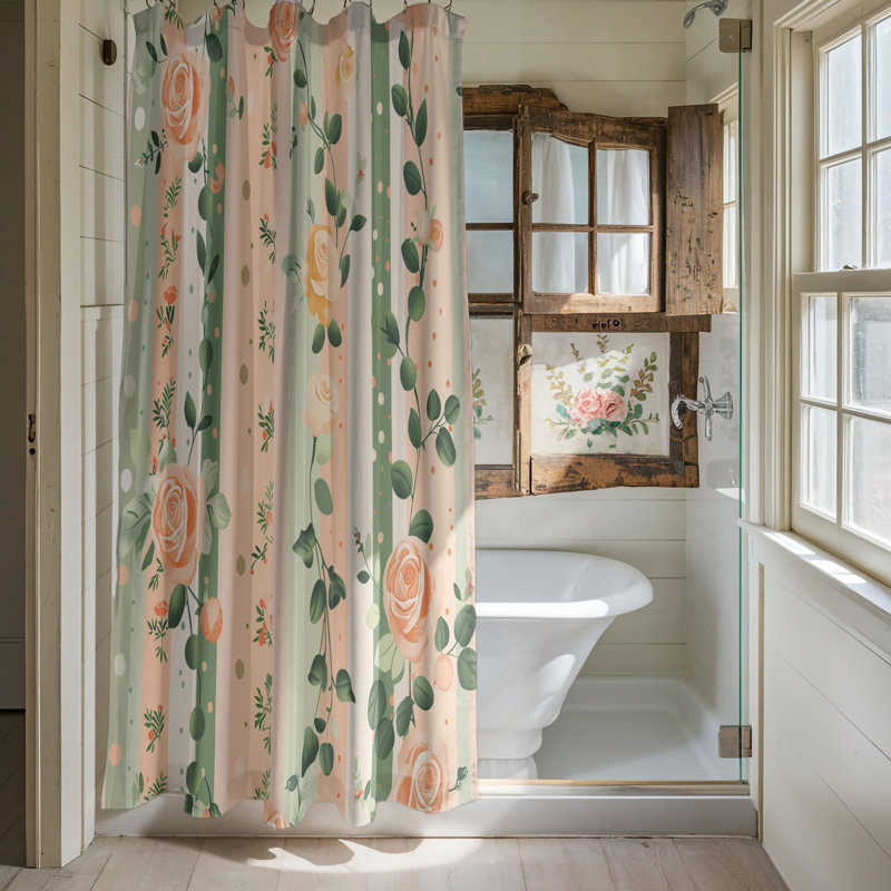Rideau de douche standard 1 pièce Peach and Green Stripes, H 74 po x l 35 po
