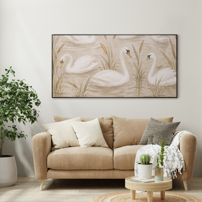 Impression sur toile extra large - Scène de lac de cygne serein avec cygnes blancs et paysage d'eau douce et neutre pour le salon ou la chambre à coucher «Assemblage requis (cadre non fini)»