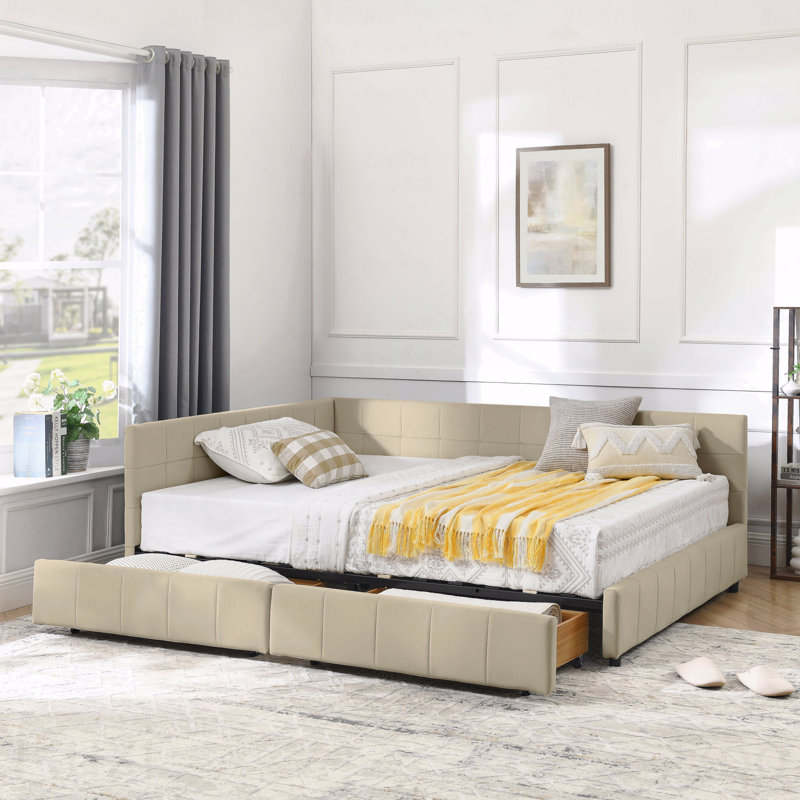 Full Velvet Upholstered Bed Frame, Sofa Style, Backrest, Beige, Full/Double
