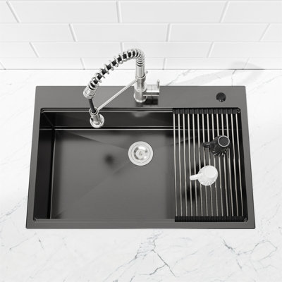 Stainless Steel Kitchen Sink, 30″X22″ Single Bowl, Overmount Handmade Sink In Black, With Cutting Board, Colander, Grid, SS-BR-08