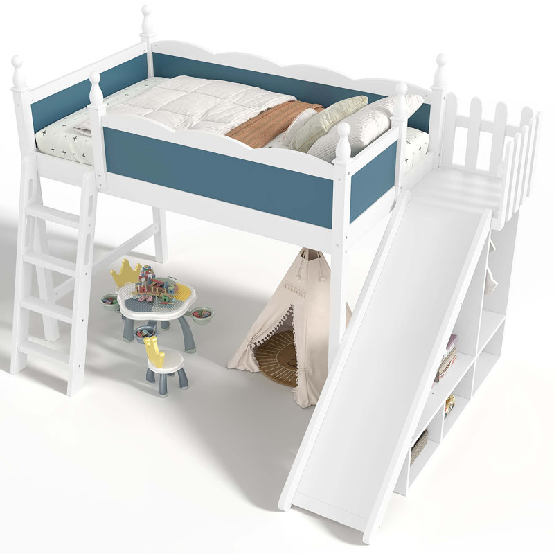 Solid Wood Loft Bed with Integrated Storage and Detachable Slide, White/Blue