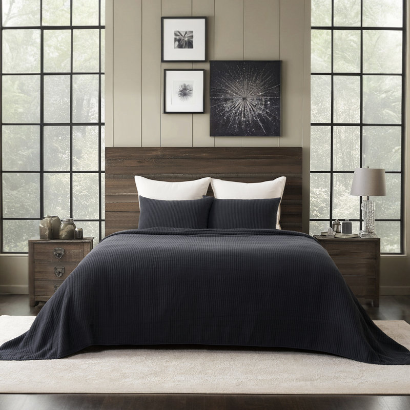 Ensemble de couvre-lit en coton côtelé matelassé, Courtepointe très grand et 2 très grandes taies , Noir délavé
