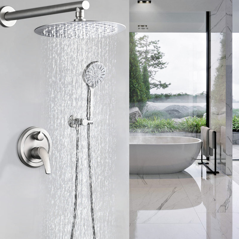 10 Inches Shower With High Rain Head And 5 Handheld, Wall Mounted, Brushed Nickel, Stainless Steel Construction Mounted Design