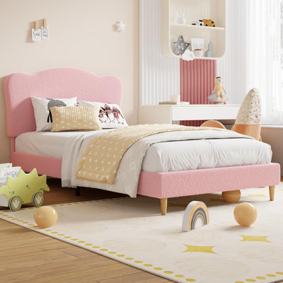 Bed with Scallop Headboard, Upholstered Bed Frame for Kids, Velvet Princess Platform Bed for Girls, Solid Wood Slats Support
