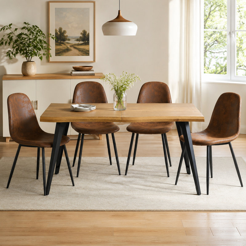 Ensemble de salle à manger 5 pièces en bois naturel, table de 63 po et 4 chaises en faux suède brun, Brown