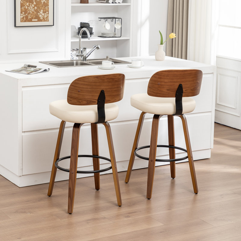 Tabourets de comptoir pivotants rembourrés en cuir de polyuréthane de style Mid-Century avec dossier courbé en bois, Beige