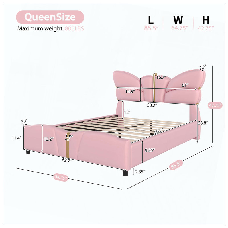 Structure de lit rembourrée en cuir PU YDT, tête de lit en forme de papillon avec décorations en métal doré, beige, Beige