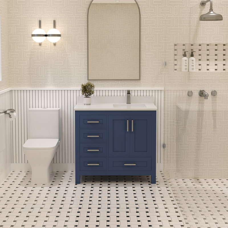Rooh 36 Bathroom Vanity Set with White Quartz Countertop and Brass Faucet, Navy Blue