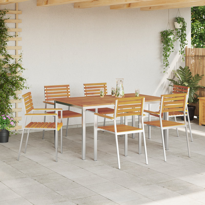 6 - Person Wood Patio Dining Set with Rectangular Table, 75cm H x 150cm W x 90cm D