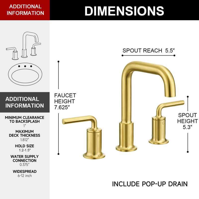 Widespread 2-handle Bathroom Faucet with Drain Assembly, Gold