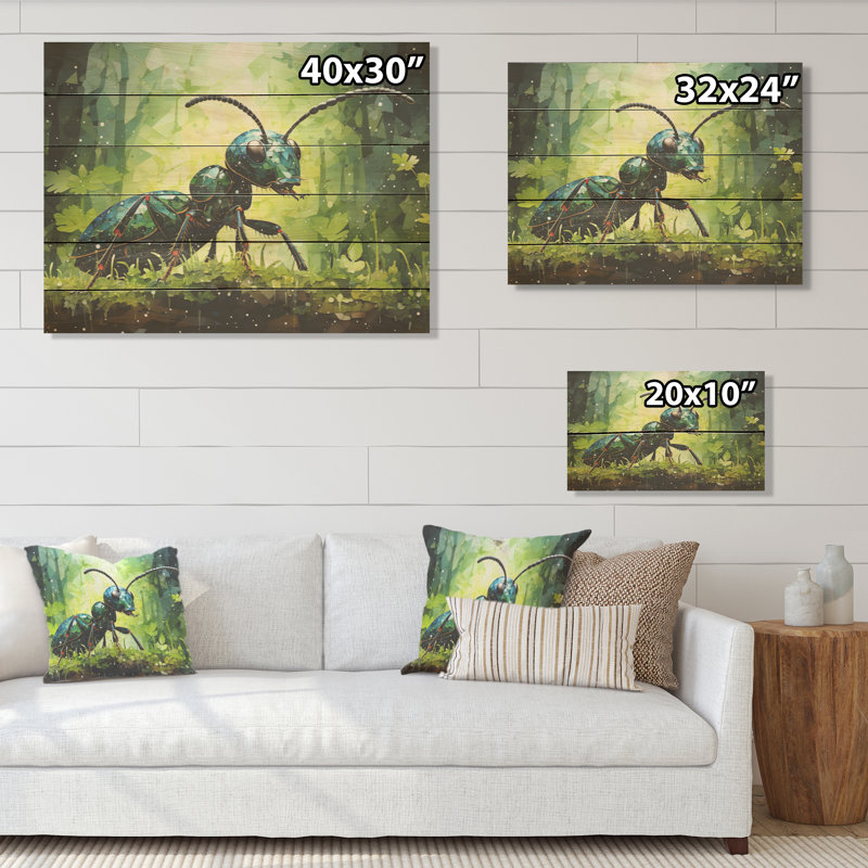 Forest Guardian Green Ant - Ant Wood Wall Art On Natural Pine Wood, 10" H x 20" W