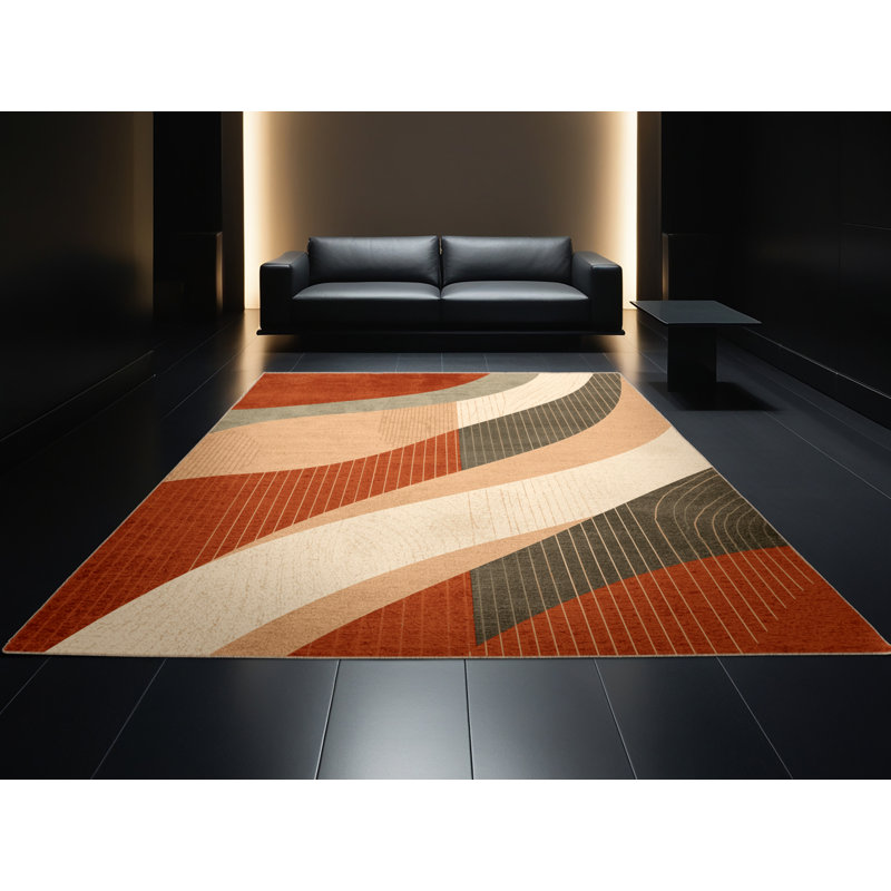Tapis bohémien abstrait lavable à la machine en brun - reliure beige, 3 X 5